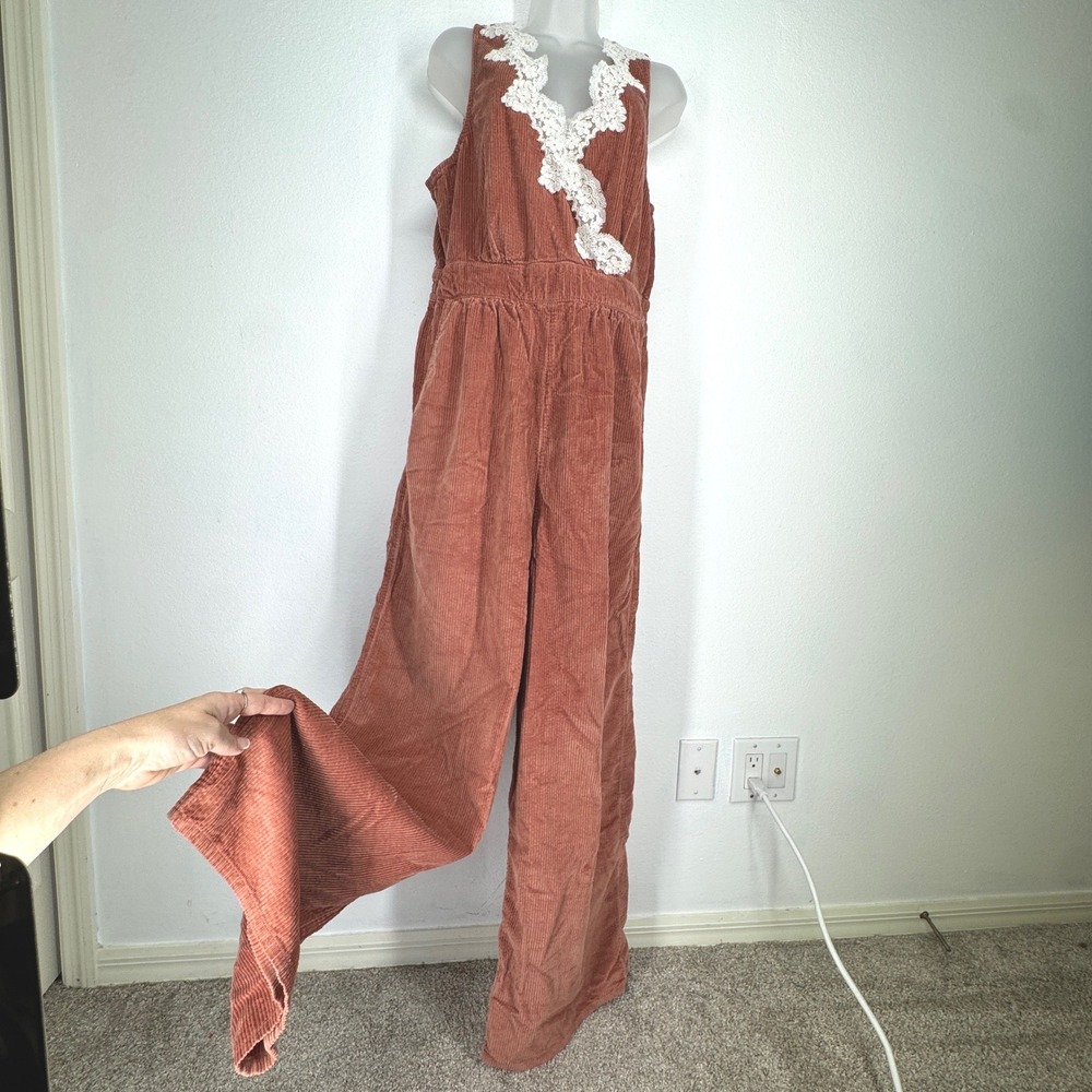 American Eagle Rust Corduroy Lace Trim Wide Leg Jumpsuit Tall Large Sleeveless